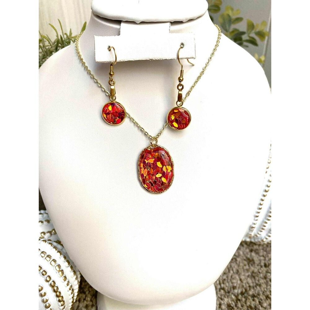 Handmade Resin Orange & Gold Flake Resin Jewelry Set | Autumn Vibes